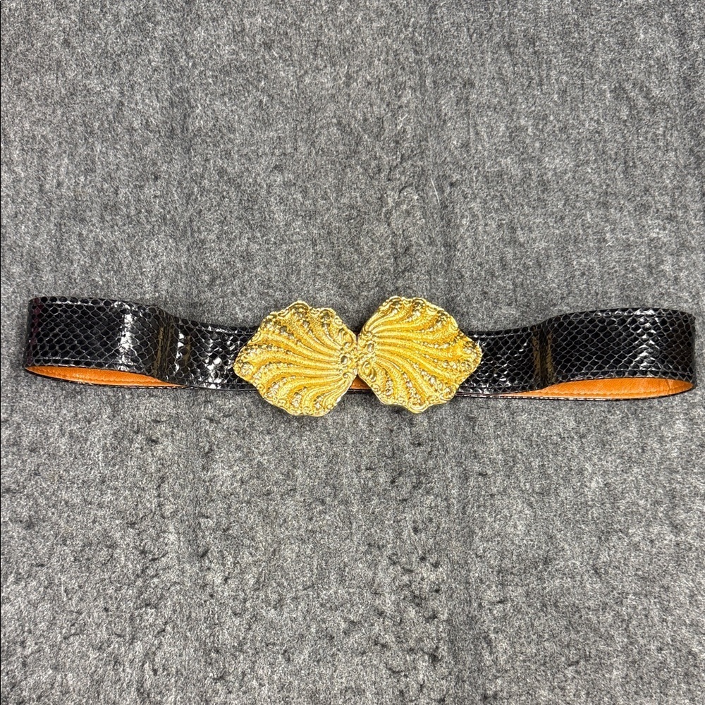 Alexis Kirk Snakeskin Elegant Black and Gold Textured Belt VINTAGE - Picture 3 of 10
